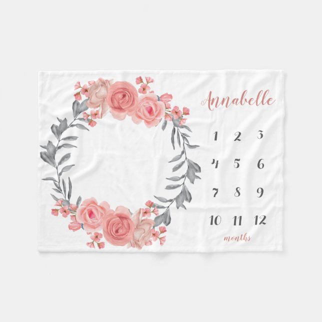 Couverture Polaire Sweet Rose Blush Floral Wreath Baby Girl Milestone (Devant (Horizontal))