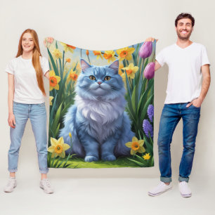Couverture Polaire Tableau des fleurs de printemps de chats bleus ori