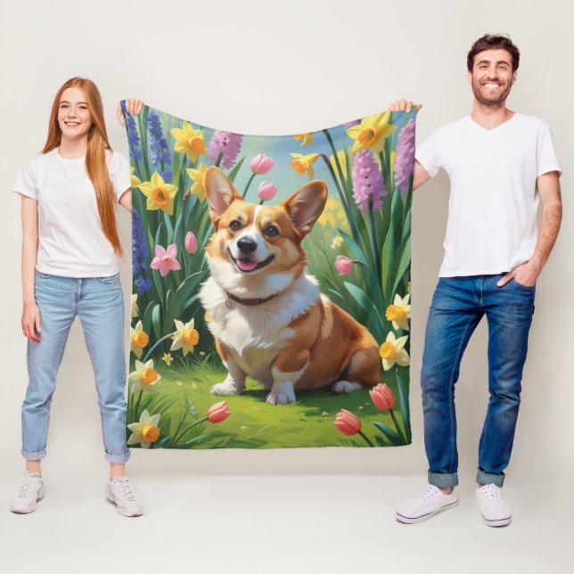 Couverture Polaire Tableau des fleurs de printemps de Chien de Corgi (En situation)