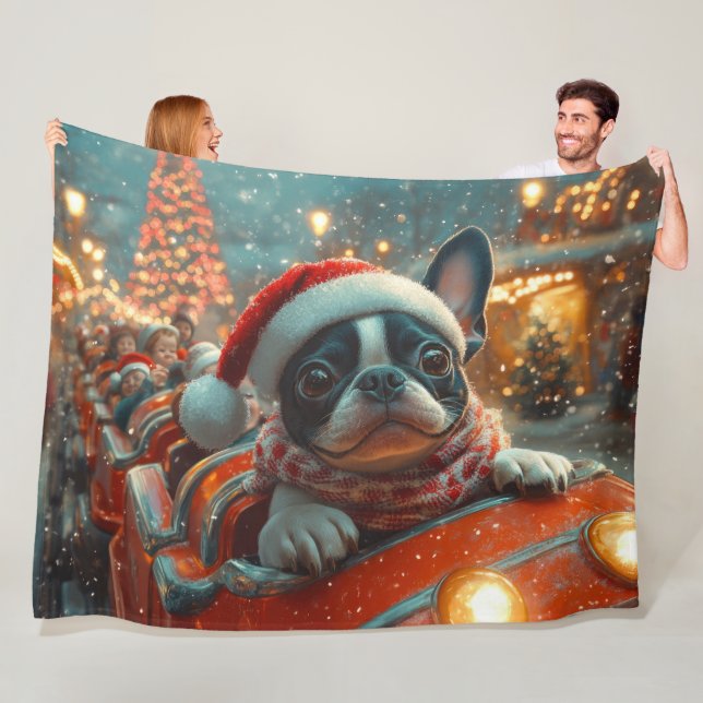Couverture Polaire Tapis roulant de chien Terrier de Boston Noël (En situation)