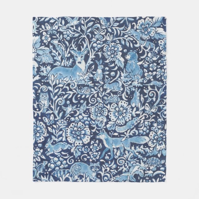 Couverture Polaire Tapisserie Indigo Bleu Blanc Bois Animal Floral (Devant)