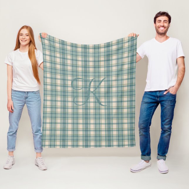 Couverture Polaire Tartan Buffalo Plaid Vert Bleu Beige Monogrammé (En situation)