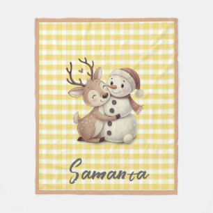 Couverture Polaire Tartan carreaux renne bonhomme de neige jaune beig