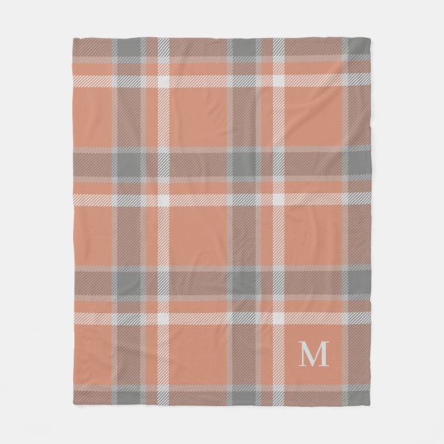 Couverture Polaire Tartan en terre cuite et gris tartan avec Monogram (Devant)