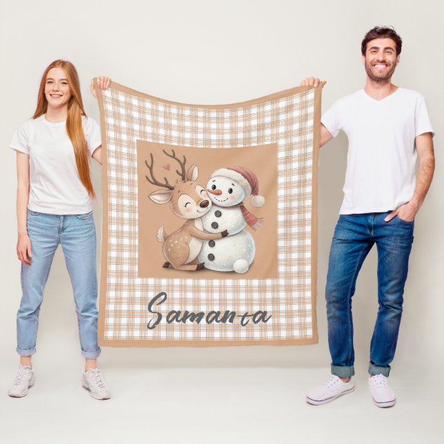 Couverture Polaire Tartan plaid reindeer snowman  beige name (En situation)