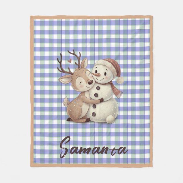 Couverture Polaire Tartan plaid reindeer snowman blue beige name (Devant)