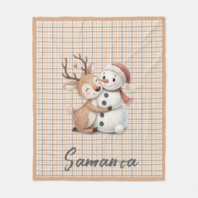 Couverture Polaire Tartan plaid reindeer snowman orange beige name (Devant)