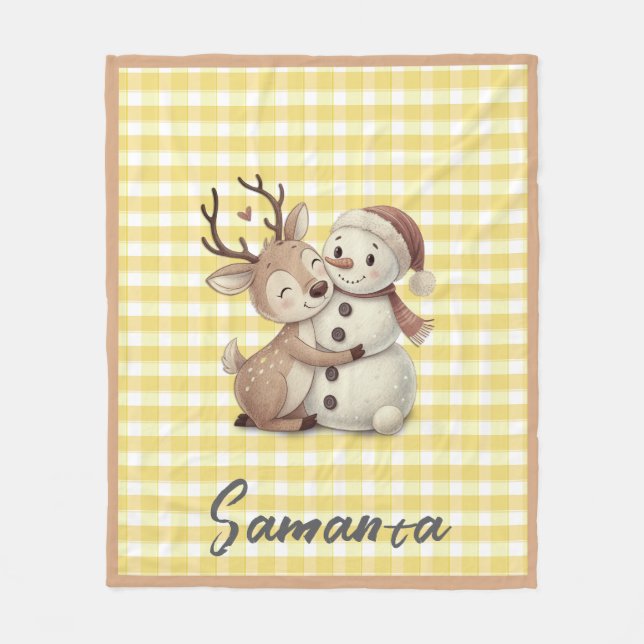 Couverture Polaire Tartan plaid reindeer snowman yellow beige name (Devant)