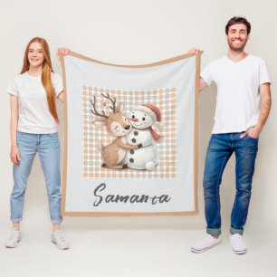 Couverture Polaire Tartan plaid renne bonhomme de neige orange beige 