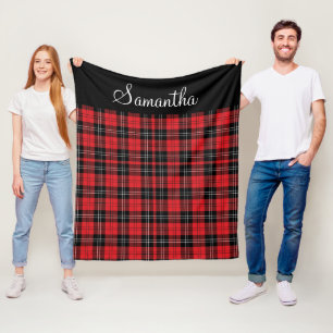 Couverture Polaire Tartan Rouge Noir et Blanc Monogramme Buffalo Plai