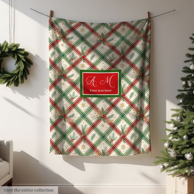 Couverture Polaire Tartan vert et rouge festif de monogramme de vacan (Festive green and red tartan monogram holiday Fleece Blanket)