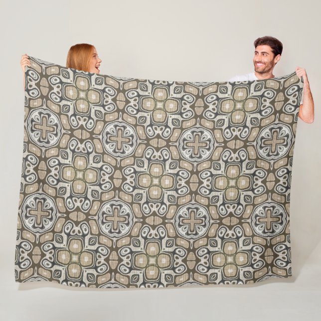 Couverture Polaire Taupe Brown Gris Beige Hip Bohême Art Motif (En situation)