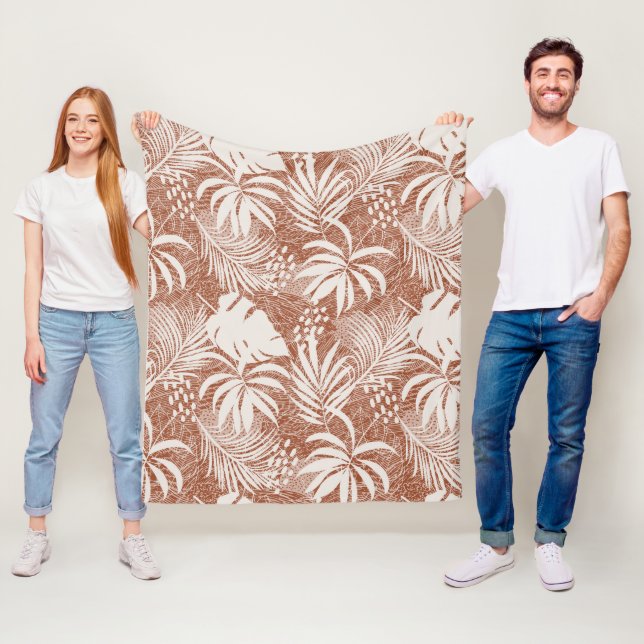 Couverture Polaire Taupe de Rose Feuille Palm blanc (En situation)