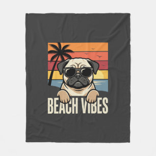 Couverture Polaire Tchiens de Pug ambiance de plage Coucher de soleil