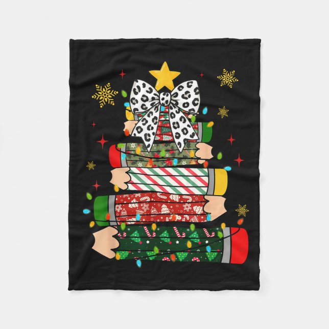 Couverture Polaire Teacher Christmas Tree Lights Pencil Leopard Print (Devant)