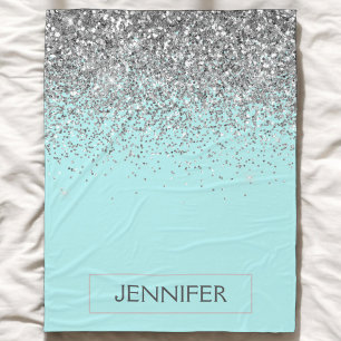 Couverture Polaire Teal Aqua Bleu Argent Paillettes Monogramme Nom