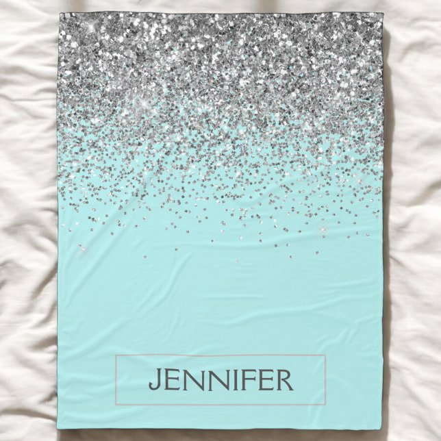 Couverture Polaire Teal Aqua Bleu Argent Paillettes Monogramme Nom (Créateur téléchargé)