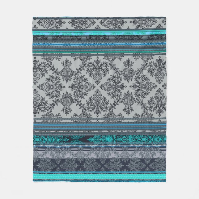 Couverture Polaire Teal, Aqua & Grey Vintage Bohemian Wallpaper (Devant)