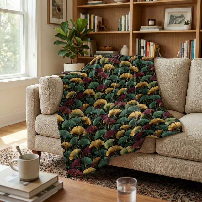 Couverture Polaire Teal Burgundy Vintage Ginkgo Leaf Pattern  (Créateur téléchargé)