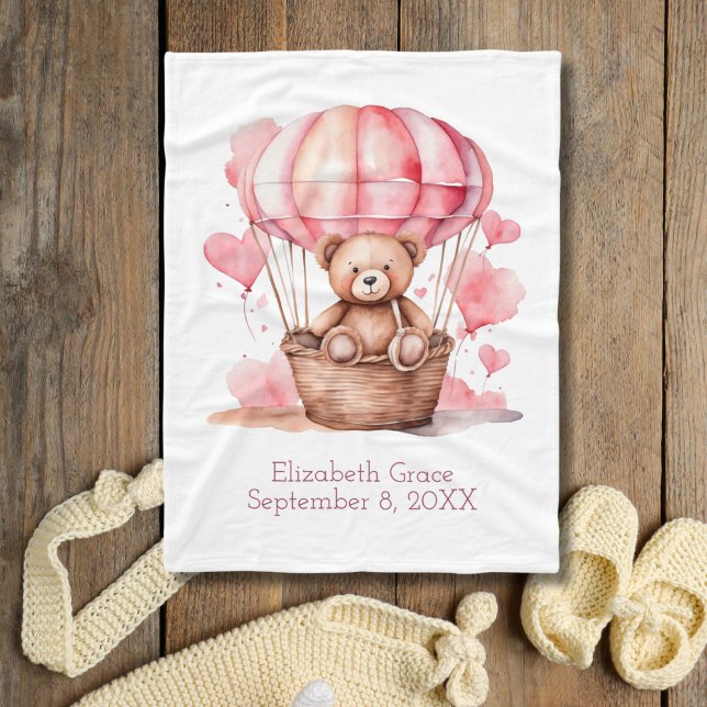 Couverture Polaire Teddy Bear Hot Air Balloon Rose Girl Cadeau Baby (Pink Teddy Bear in Hot Air Balloon Monogram name birth stats birthday baby blanket baby girl)