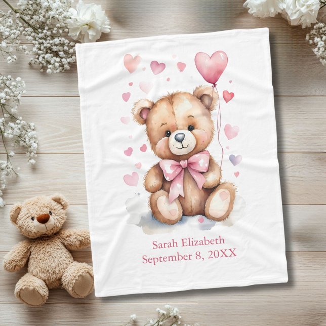 Couverture Polaire Teddy Bear Pink Bow Hearts Personnalisé Baby Girl (Teddy Bear with Pink bow and pink hearts watercolor baby blanket, birth stats, name birthday)