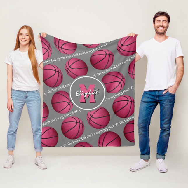 Couverture Polaire terrain de basket blanc gris rose mon heureux endr (En situation)