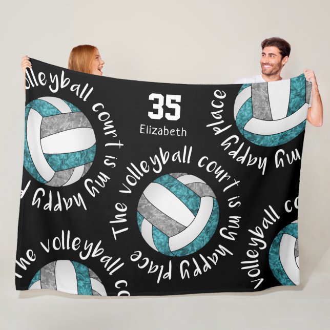 Couverture Polaire terrain de volley-ball gris turquoise typographie  (En situation)