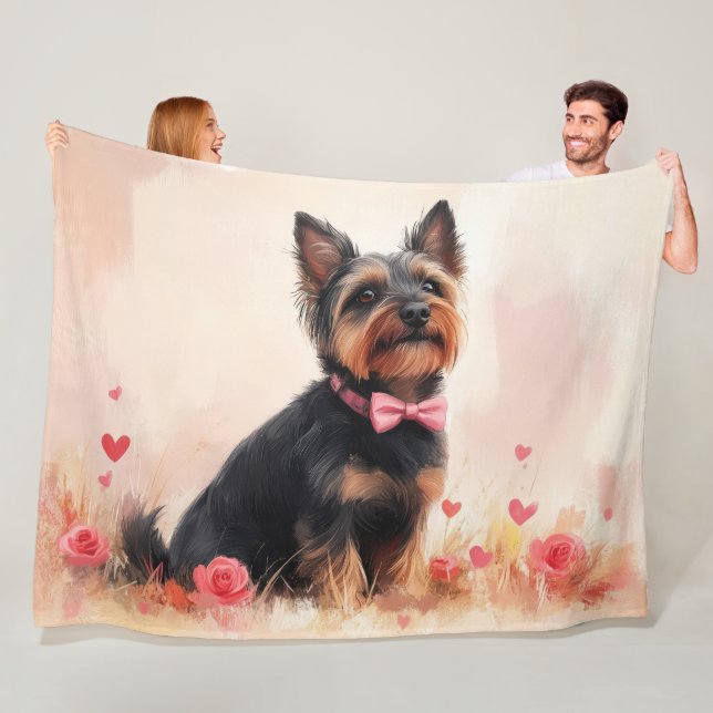 Couverture Polaire Terrier australien avec Rose - Saint Valentin (En situation)