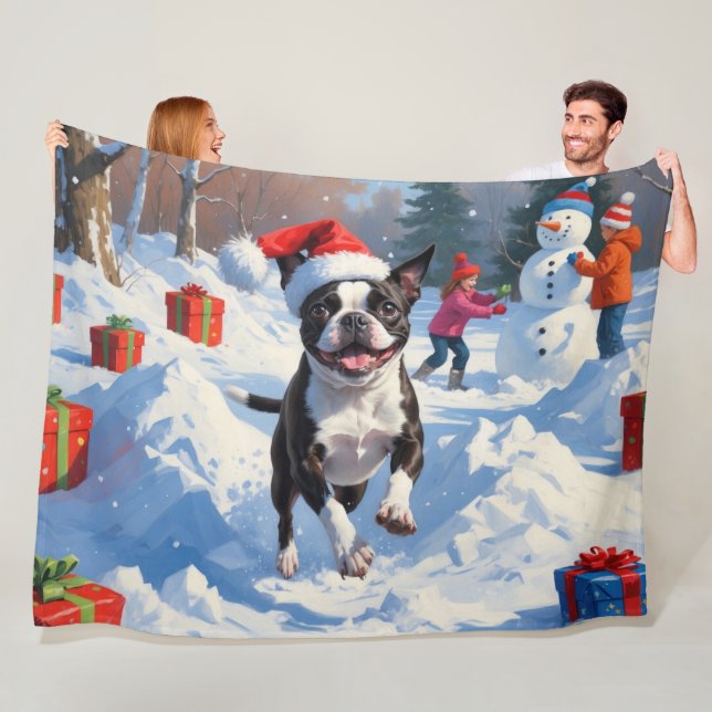 Couverture Polaire Terrier de Boston Scène de neige festive de Noël (En situation)