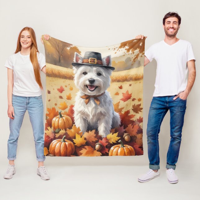 Couverture Polaire Terrier West Highland White aux feuilles d'automne (En situation)