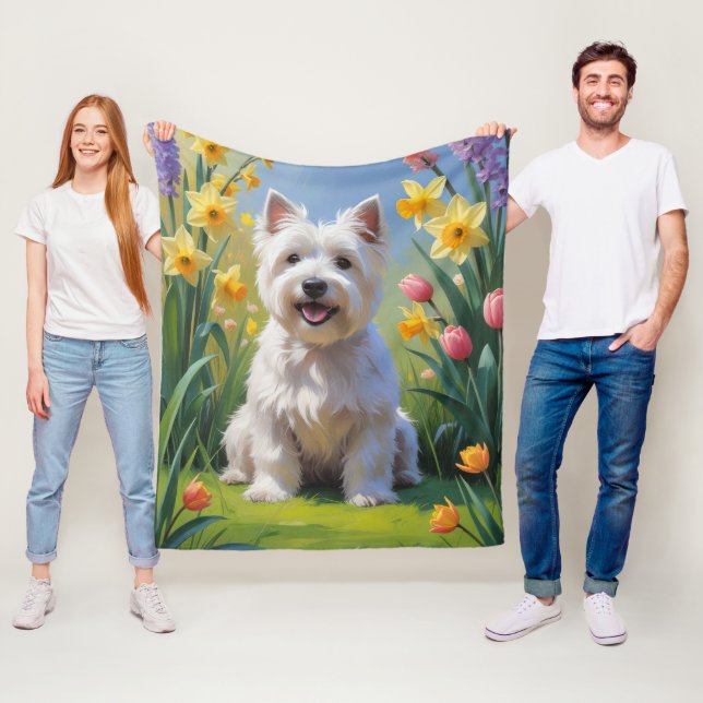 Couverture Polaire Terrier West Highland White Fleurs de printemps  (En situation)