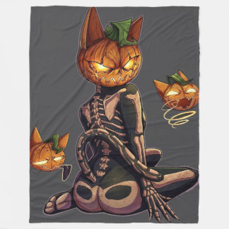 Couverture Polaire Tête de citrouille squelettique de chat gothique e