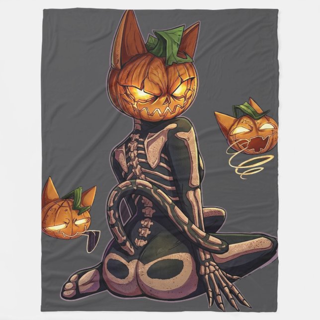 Couverture Polaire Tête de citrouille squelettique de chat gothique e (Devant)