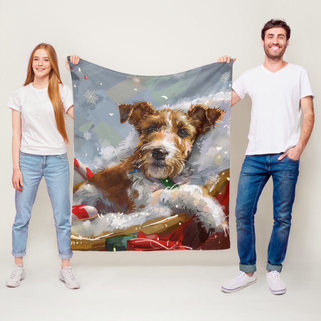 Couverture Polaire Tête de Fox Terrier de Noël Festif (En situation)