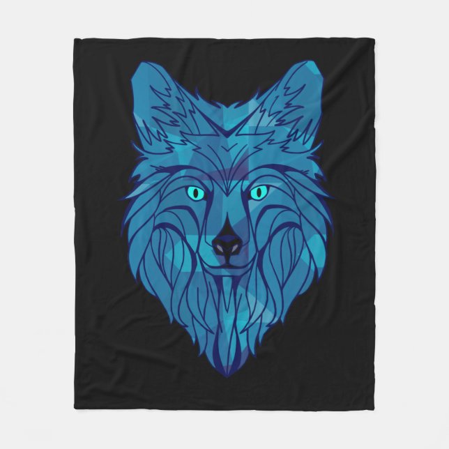 Couverture Polaire Tête de loup poly bleu (Devant)