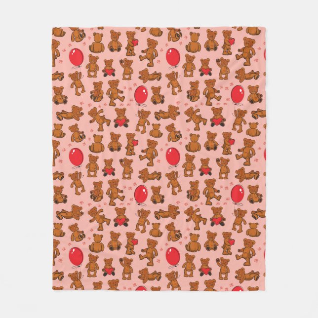 Couverture Polaire Texture avec le nounours, coeurs (Devant)