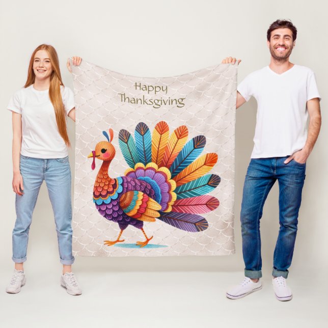 Couverture Polaire Thanksgiving Lumineuses Plumes Turquie Blanche en  (En situation)