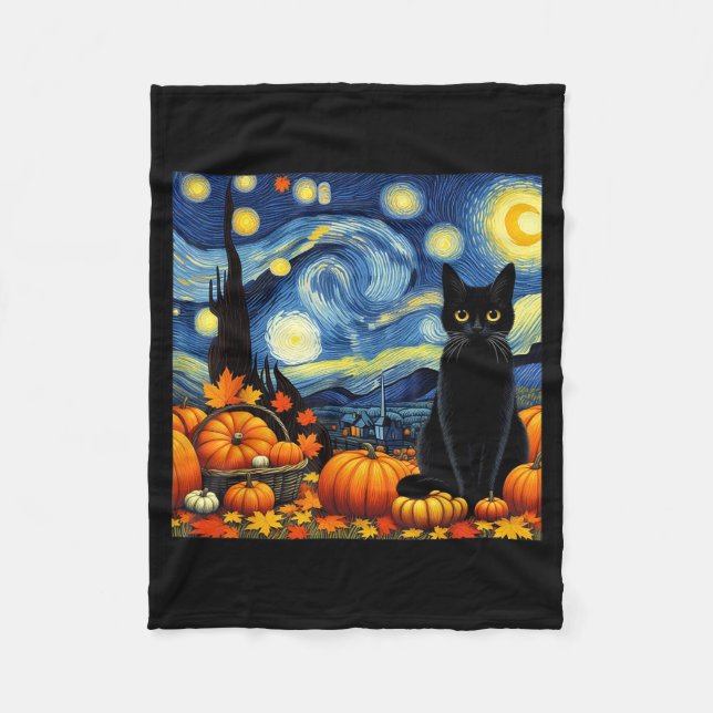 Couverture Polaire Thanksgiving Van Gogh Starry Night Black Cat Pumpk (Devant)