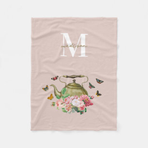 Couverture Polaire Théière Party Fleurs Roses et Papillons Monogramme