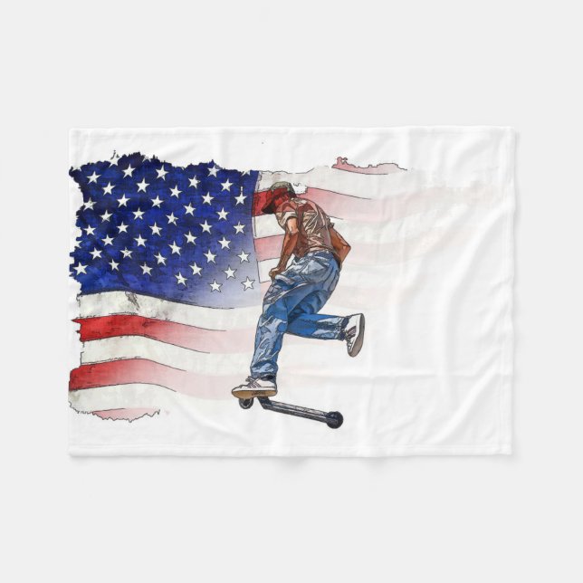 Couverture Polaire Tige scooter Rider et drapeau américain Blanche fl (Devant (Horizontal))