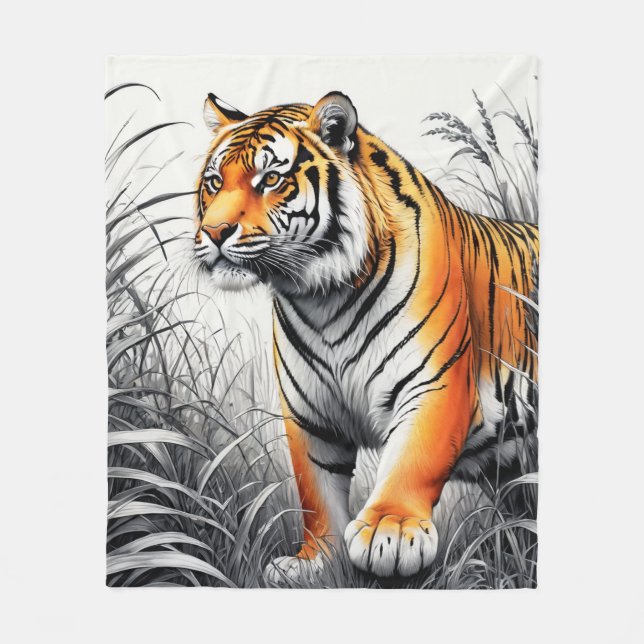 Couverture Polaire Tiger Art Color Partiel noir blanc dessin (Devant)