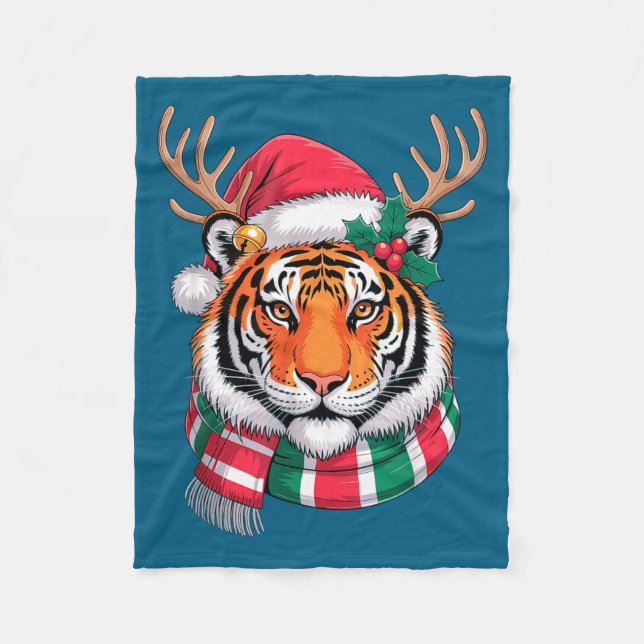 Couverture Polaire Tiger Reindeer Christmas Santa Hat Tiger Xmas  (Devant)