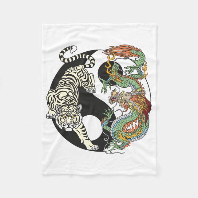 Couverture Polaire Tigre blanc contre dragon vert au Yin yang (Devant)
