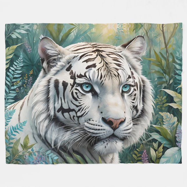 Couverture Polaire Tigre blanc dans une jungle bleue verte (Devant (Horizontal))