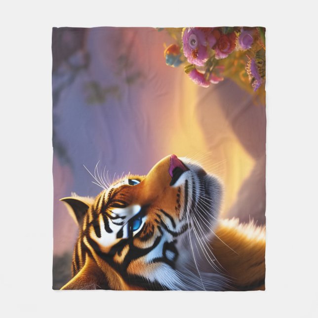 Couverture Polaire Tigre bleu et fleurs roses (Devant)