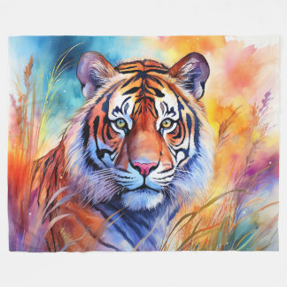Couverture Polaire Tigre dans l'herbe en aquarelle