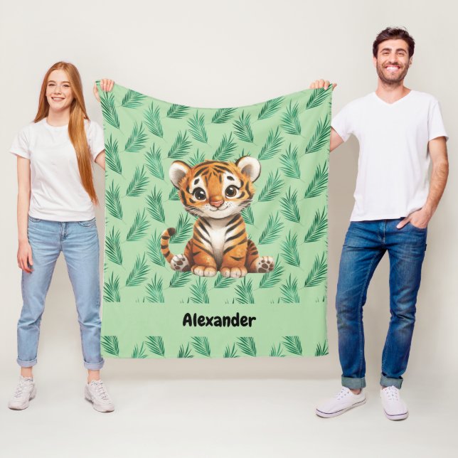 Couverture Polaire Tigre de dessin mignon sur Feuilles tropicaux (En situation)