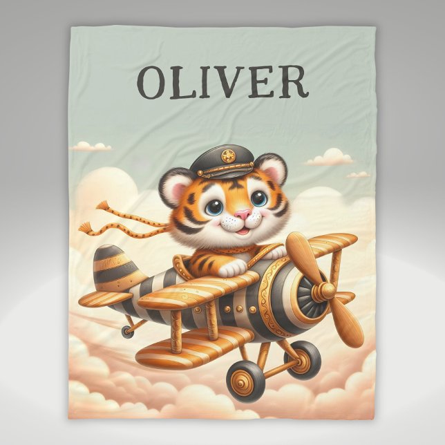 Couverture Polaire Tigre volant mignon et blanc sur un avion (Créateur téléchargé)
