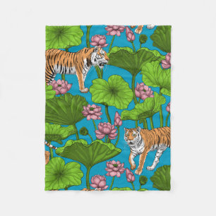 Couverture Polaire Tigres dans l'étang rose lotus