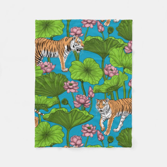 Couverture Polaire Tigres dans l'étang rose lotus (Devant)